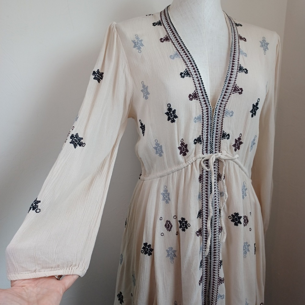 Free People Embroidered Gauze Mini Dress Cream Boho V-Neck Long Sleeve Womens M - Picture 7 of 14